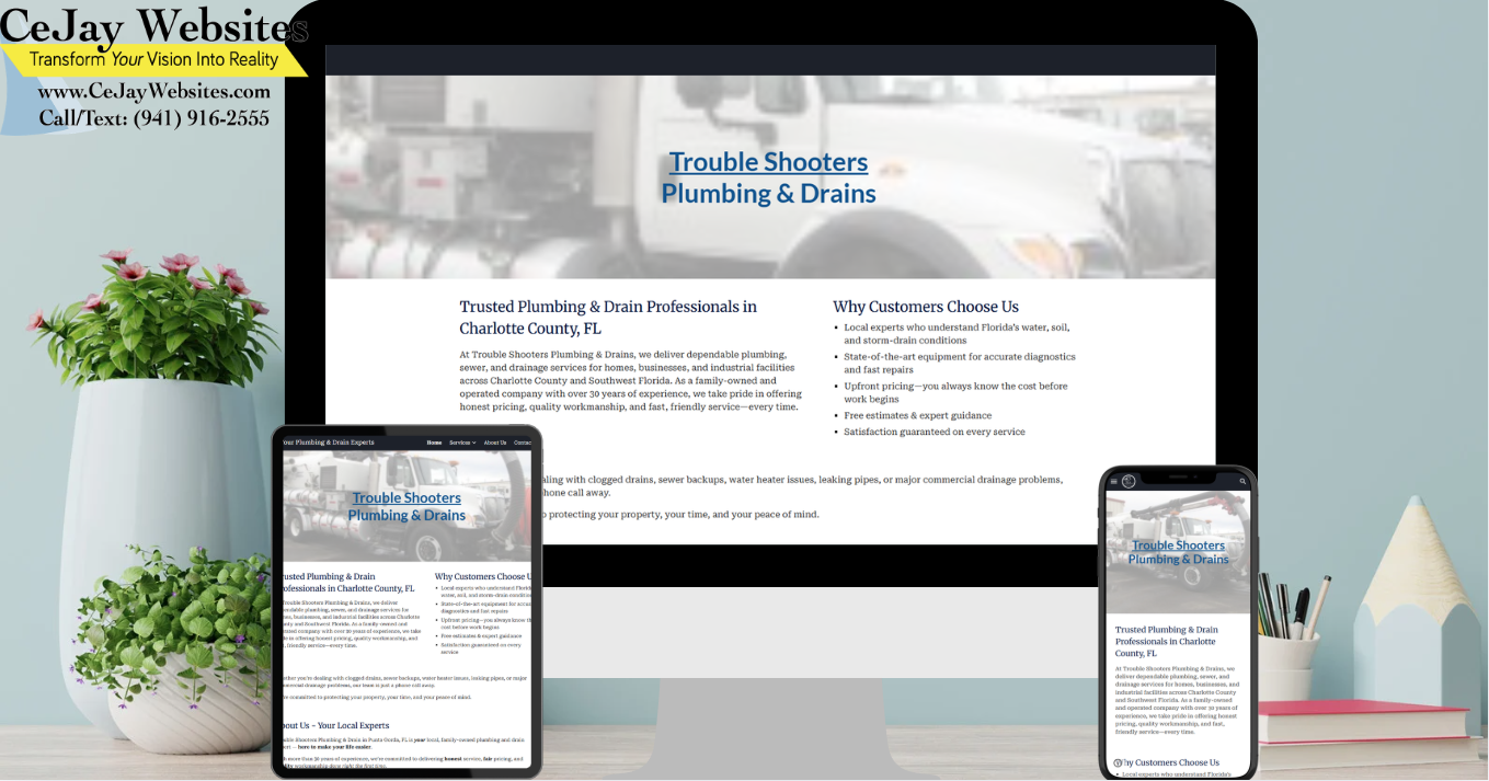 A plumbing website is displayed on a desktop, tablet, and phone, with a CeJay Websites banner and contact info in the corner. ;part of a website strategy, design & SEO system