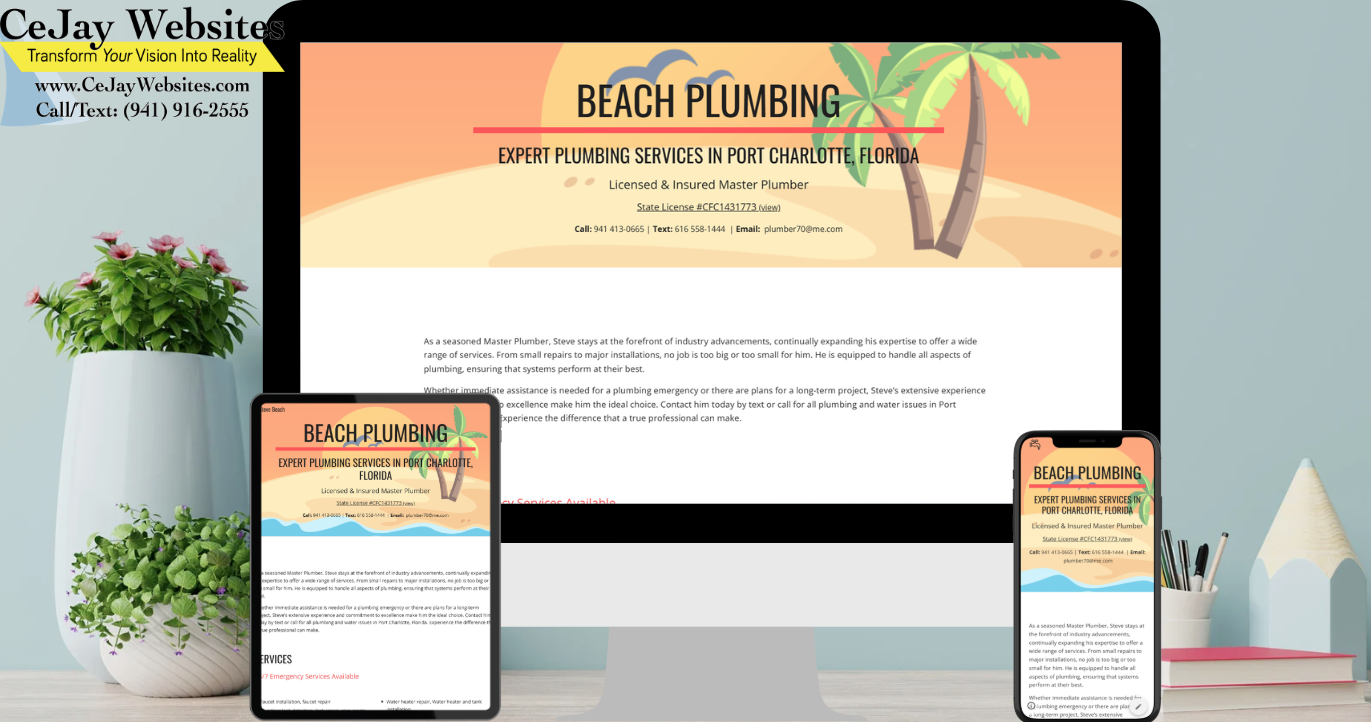 A desktop, tablet, and phone display the Beach Plumbing website. Website info is also listed on the left side of the image. ;part of a website strategy, design & SEO system