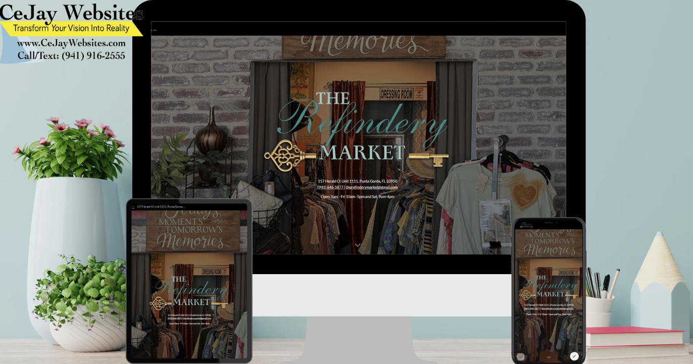 A desktop, tablet, and phone display The Refinery Market website; office items and a CeJay Websites logo are visible in the scene. ;part of a website strategy, design & SEO system