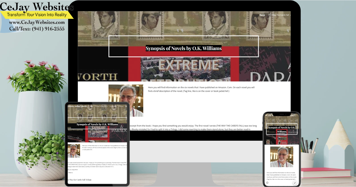 A website about O.K. Williams novels is displayed on a desktop, tablet, and phone, with contact info for CeJay Websites visible. ;part of a website strategy, design & SEO system