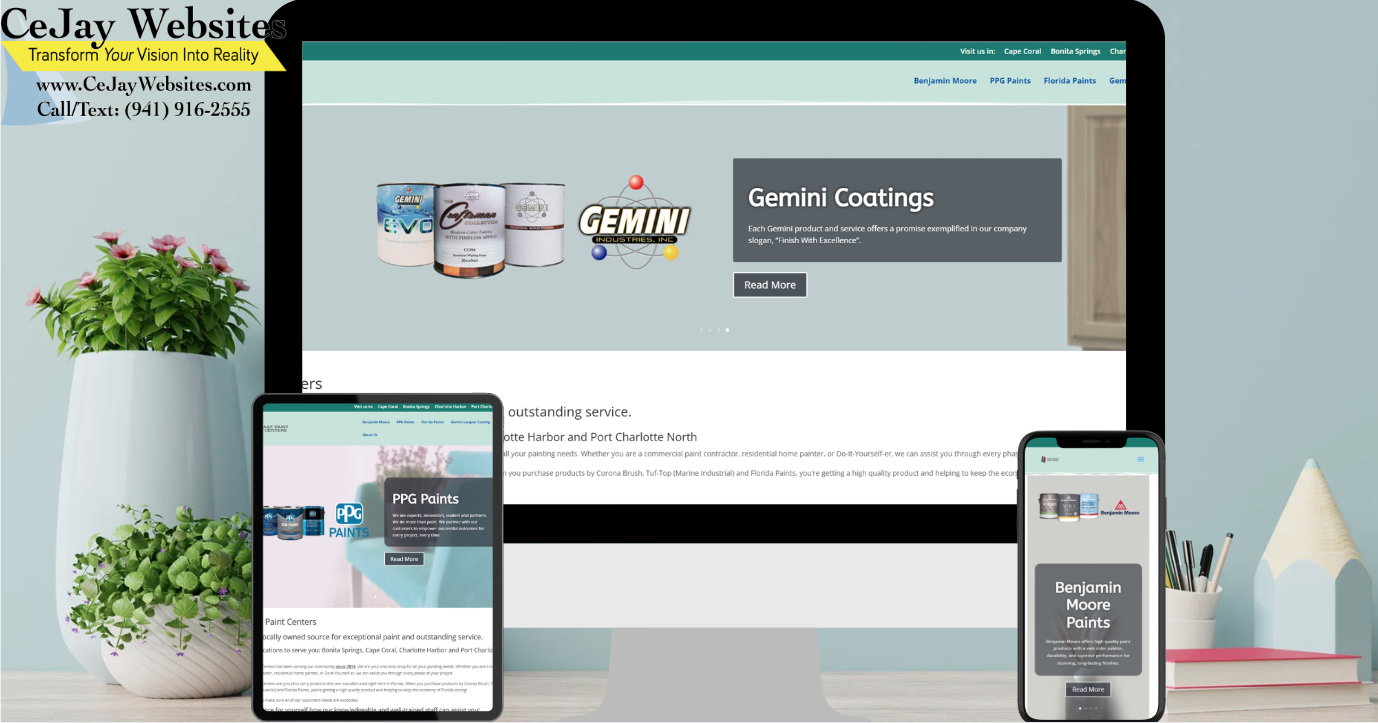 A desktop, tablet, and smartphone display the Gemini Coatings website; CeJay Websites contact info is in the top left corner. ;part of a website strategy, design & SEO system