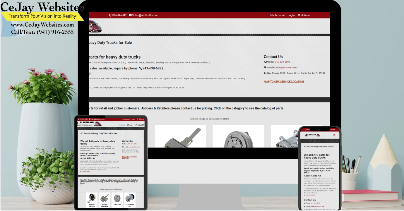 A desktop monitor and two smartphones display a truck parts website; a CeJay Websites logo appears in the top left corner. ;part of a website strategy, design & SEO system