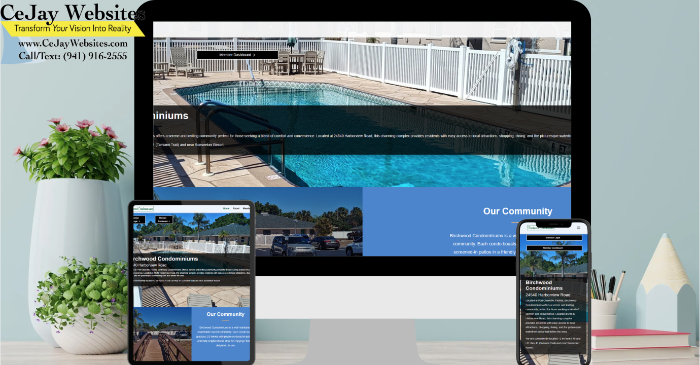 A desktop, tablet, and phone display a condo website homepage featuring a pool, on a desk with decor items beside them. ;part of a website strategy, design & SEO system