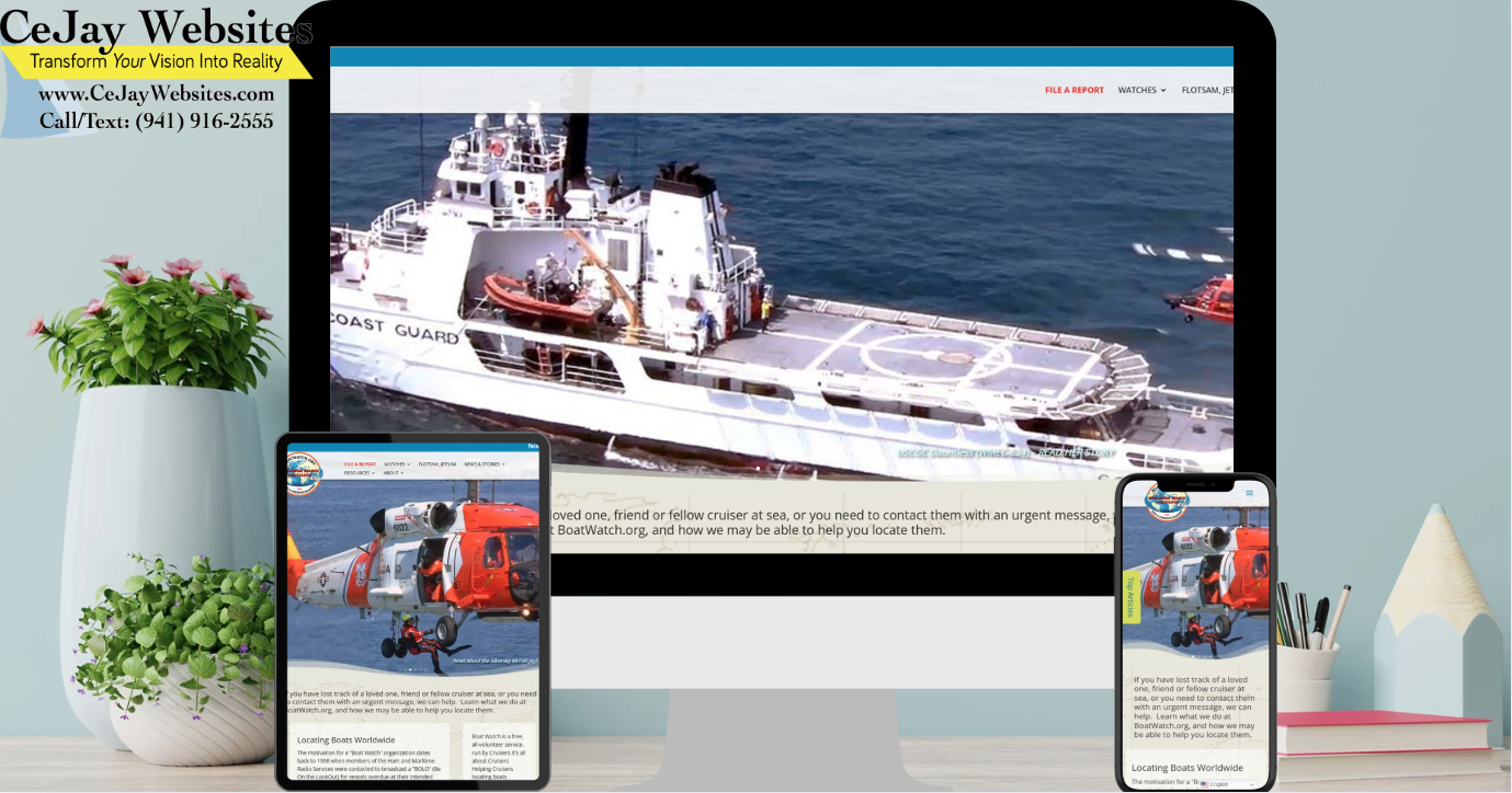 A desktop and two tablets display a Coast Guard helicopter and ship on a rescue website. CeJay Websites contact info is at the top left. ;part of a website strategy, design & SEO system