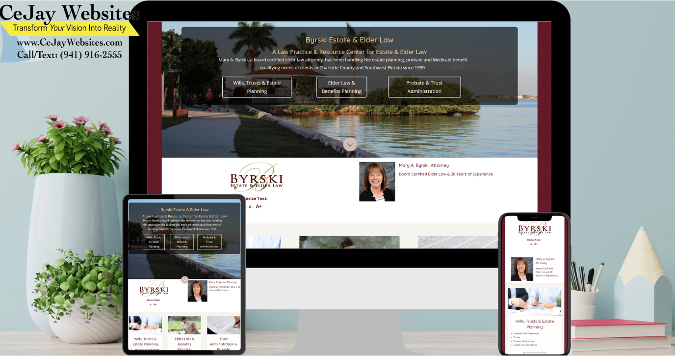 A law office website is displayed on a desktop, tablet, and phone, with a palm tree and lake background, and a yellow ad banner on top left. ;part of a website strategy, design & SEO system