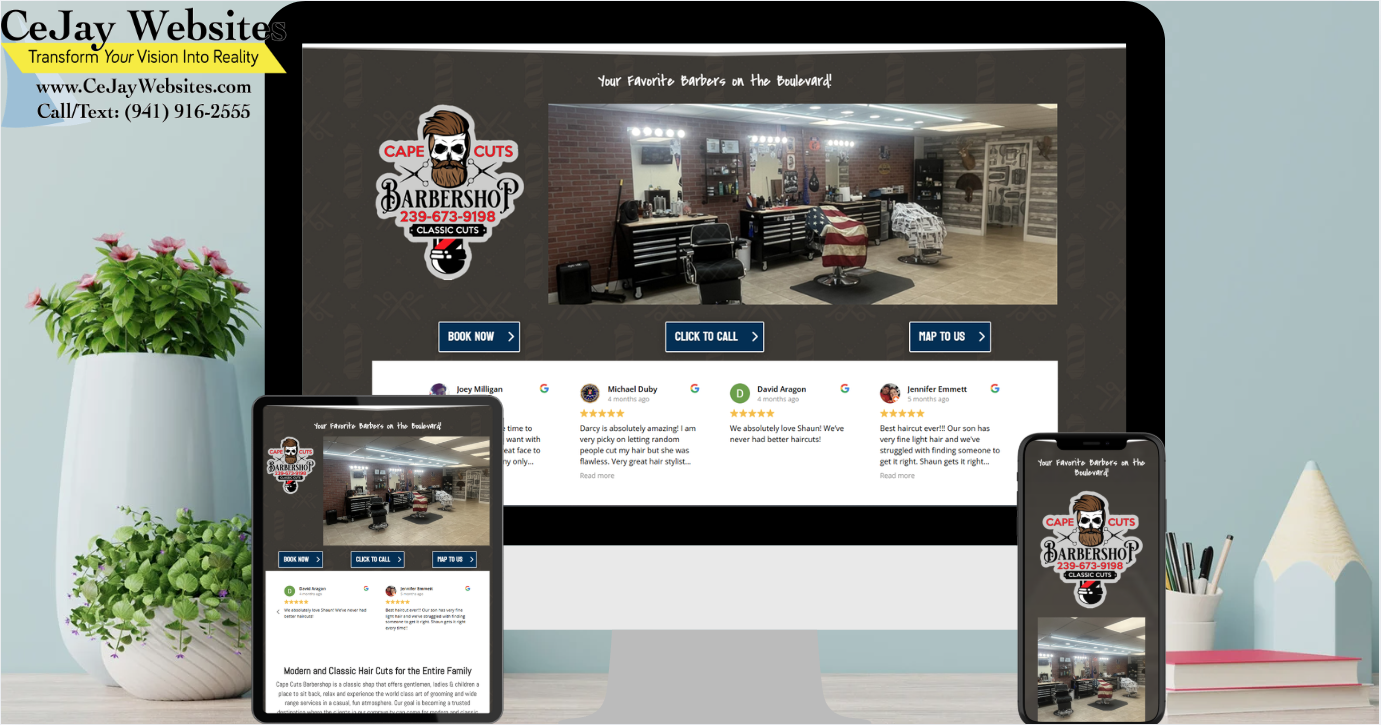 A barbershop website is displayed on a desktop, tablet, and phone, with barber chairs and mirrors visible in the main image. ;part of a website strategy, design & SEO system