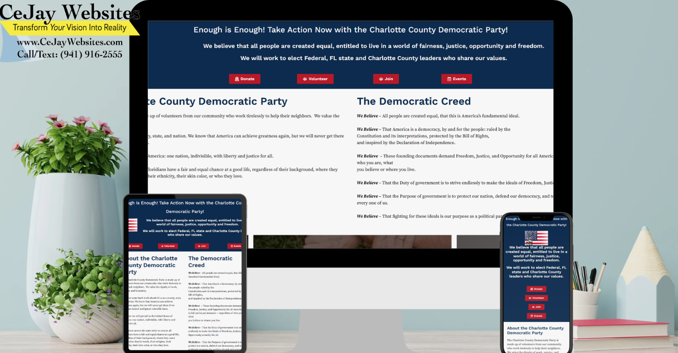 A website is displayed on a desktop, tablet, and smartphone, with the CeJay Websites contact info and slogan at the top left. ;part of a website strategy, design & SEO system