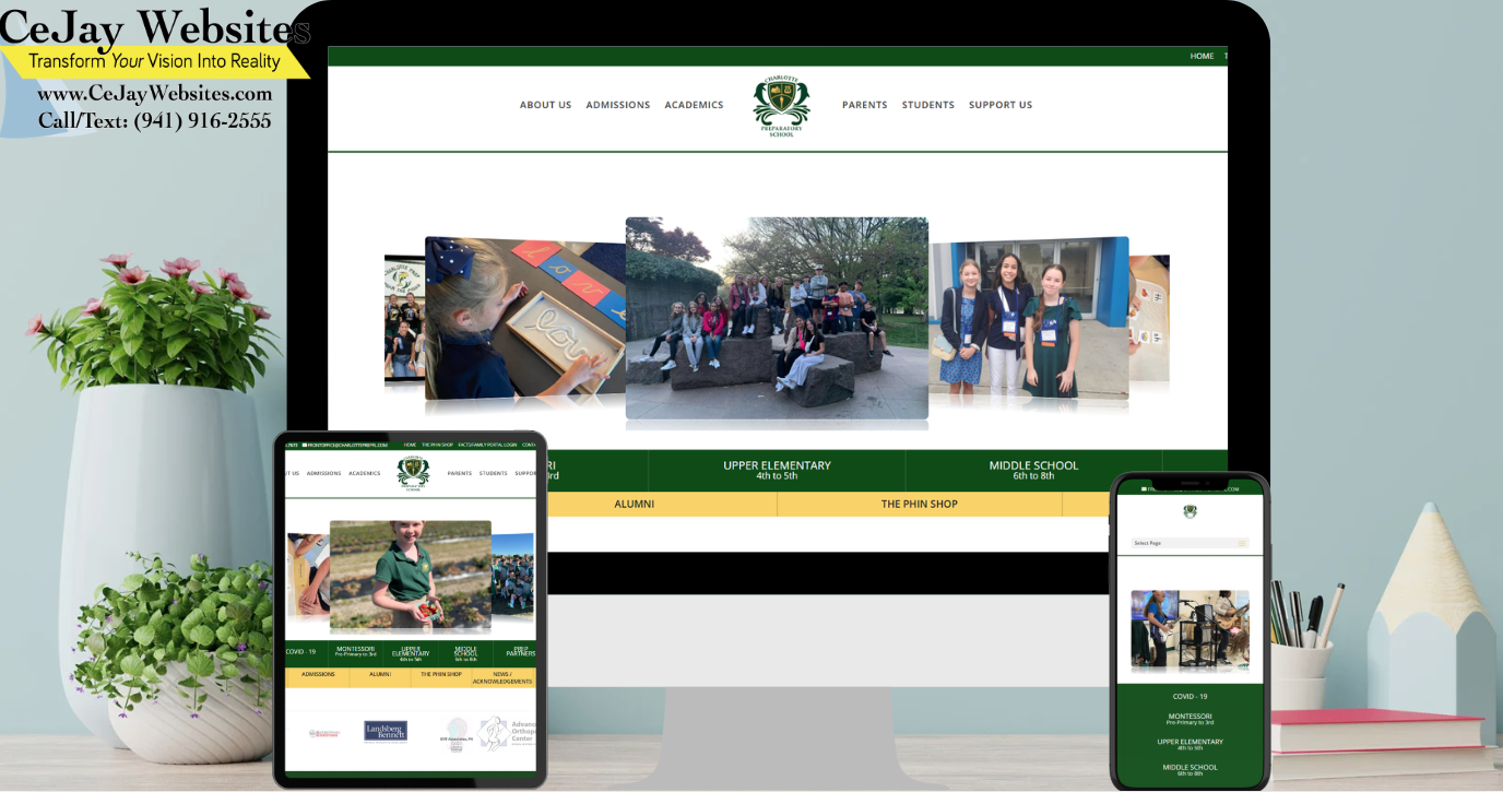 A desktop, tablet, and phone display a school website; office supplies and plants are on the desk. CeJay Websites info is in the top left. ;part of a website strategy, design & SEO system