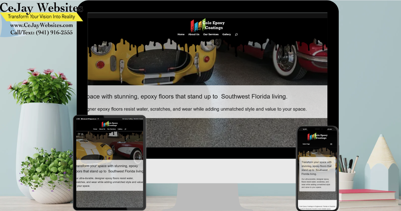 A desktop, tablet, and smartphone display a website for Gold Epoxy Coatings; contact info for CeJay Websites is shown at the top left. ;part of a website strategy, design & SEO system