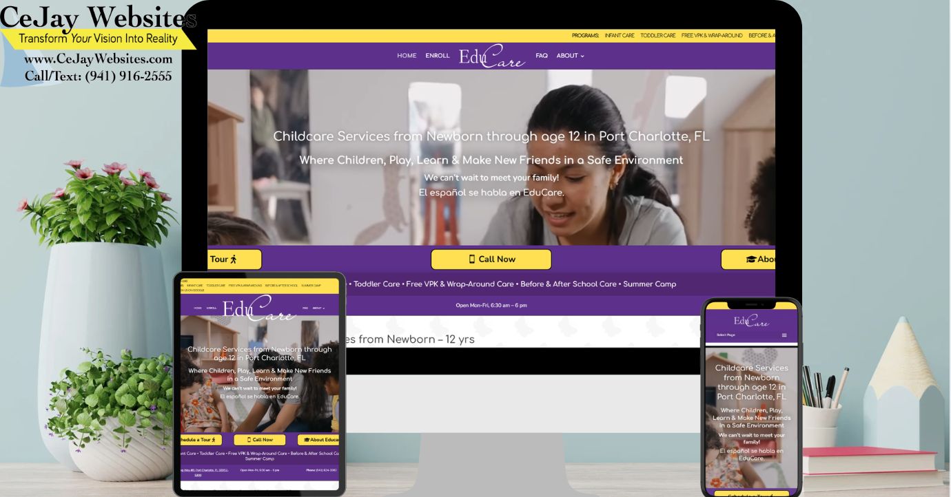 A desktop, tablet, and phone display a childcare website with purple and yellow branding and a banner showing a caregiver with children. ;part of a website strategy, design & SEO system