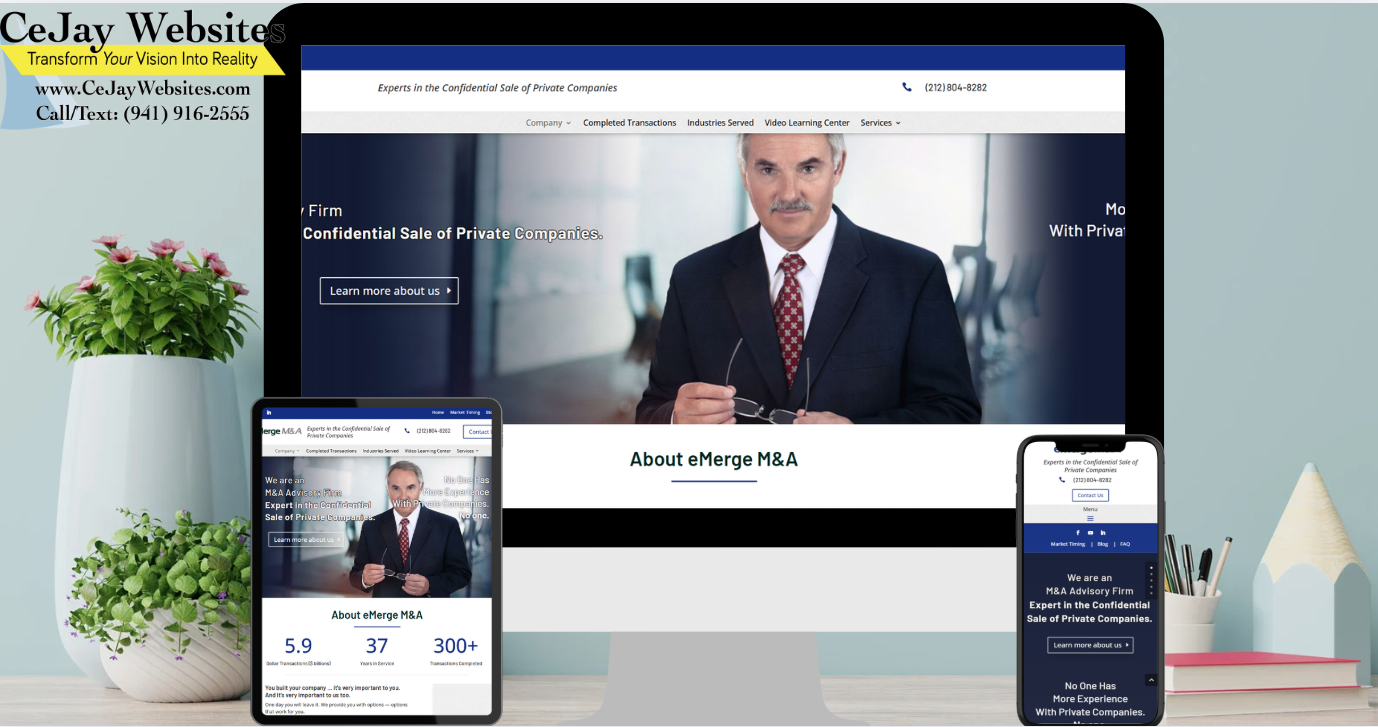 A desk with a desktop, tablet, and phone displaying the eMerge M&A website. CeJay Websites branding is in the top left corner. ;part of a website strategy, design & SEO system
