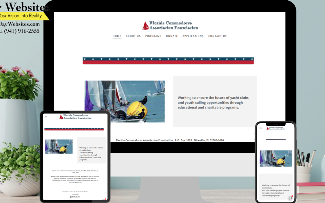 A tablet, desktop, and phone display the Florida Commodores Association Foundation website; business info appears on the left. ;part of a website strategy, design & SEO system