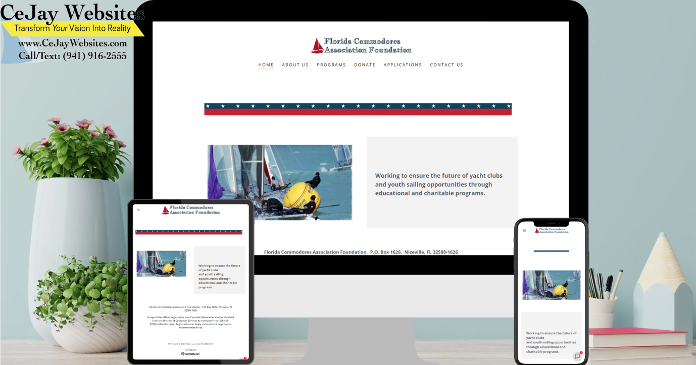 A tablet, desktop, and phone display the Florida Commodores Association Foundation website; business info appears on the left. ;part of a website strategy, design & SEO system