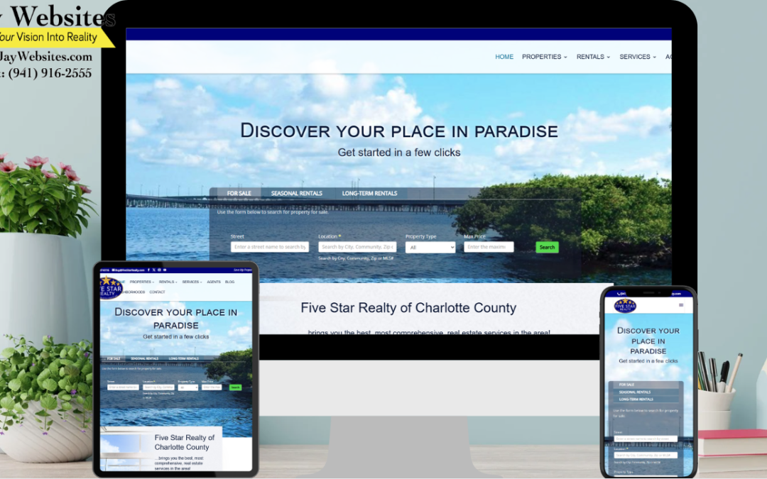 A computer, tablet, and phone display a real estate website with a lake view and the text Discover Your Place in Paradise. ;part of a website strategy, design & SEO system