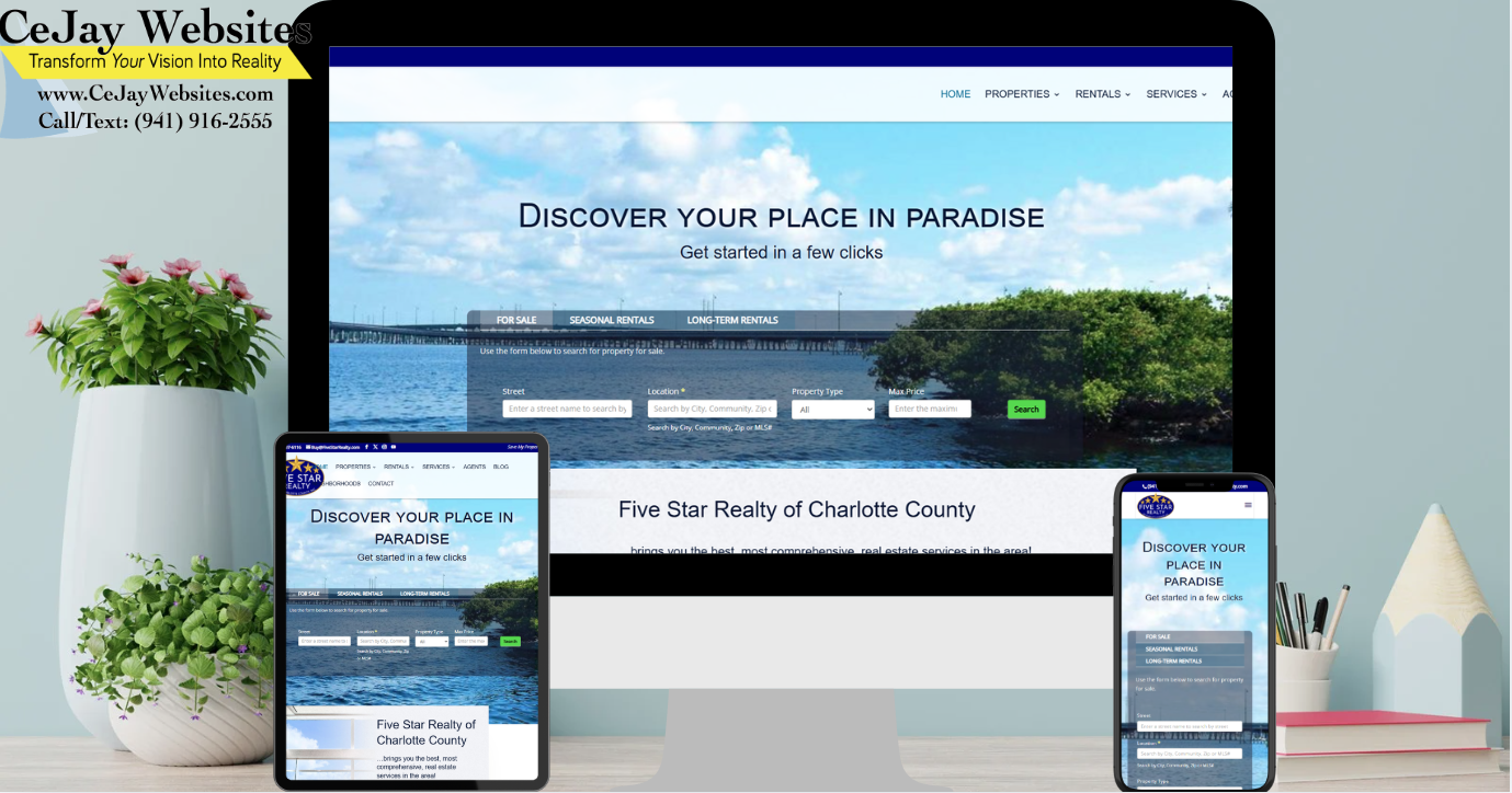 A computer, tablet, and phone display a real estate website with a lake view and the text Discover Your Place in Paradise. ;part of a website strategy, design & SEO system