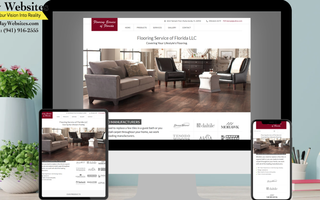 A computer, tablet, and phone display a flooring service website; CeJay Websites contact info is shown in the upper left corner. ;part of a website strategy, design & SEO system