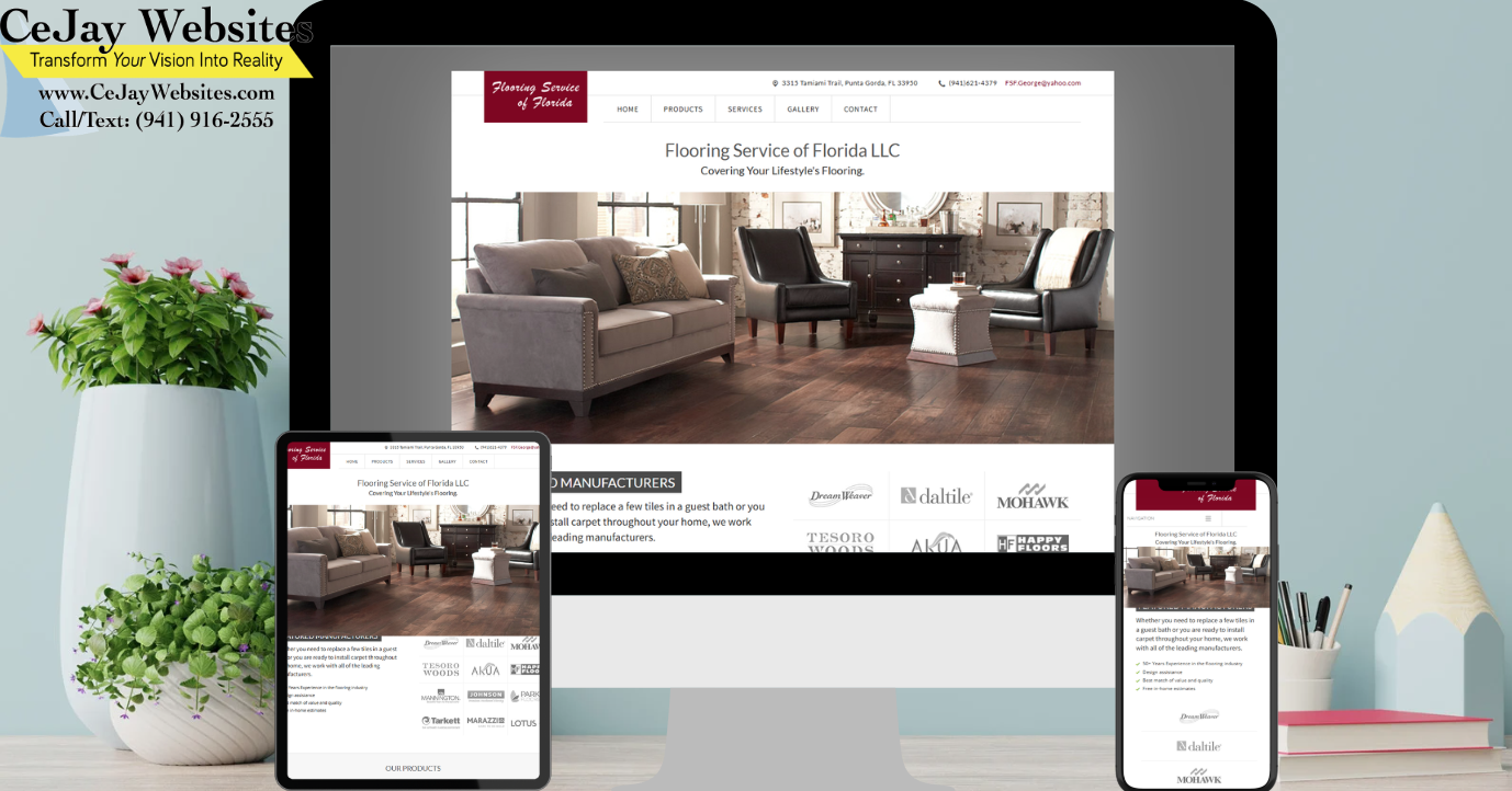A computer, tablet, and phone display a flooring service website; CeJay Websites contact info is shown in the upper left corner. ;part of a website strategy, design & SEO system