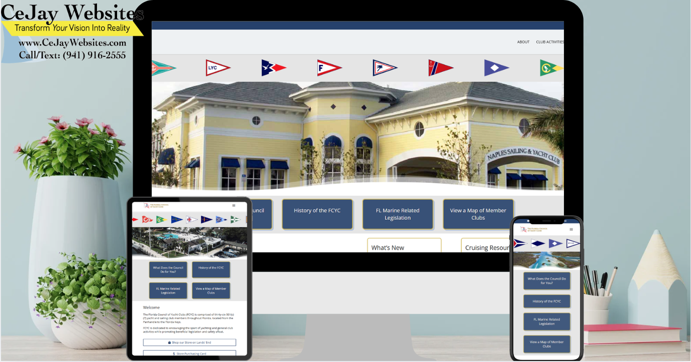 A desktop, tablet, and phone display a yacht club website with a yellow building on the homepage, on a desk with pink flowers. ;part of a website strategy, design & SEO system