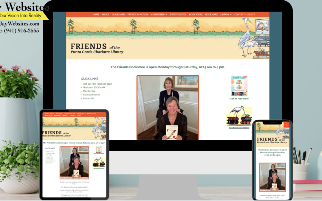 A library website is displayed on a desktop monitor, tablet, and smartphone on a desk with a plant and blue cup nearby. ;part of a website strategy, design & SEO system