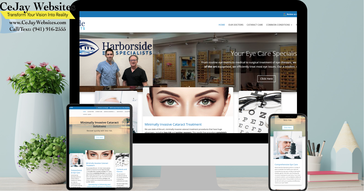 A desktop, tablet, and phone display an eye care website; a plant and pencils sit on the desk beside them. ;part of a website strategy, design & SEO system