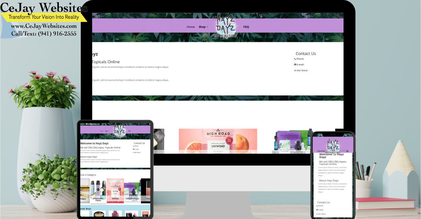 A computer, tablet, and phone display a website with a leafy background; CeJay Websites contact info is in the top left corner. ;part of a website strategy, design & SEO system