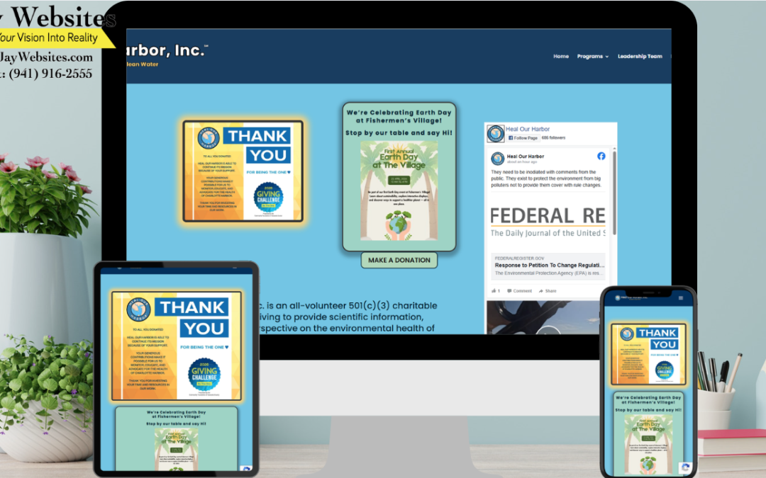 A desktop monitor, tablet, and phone display the same nonprofit website with a Thank You message, on a desk with plants. ;part of a website strategy, design & SEO system