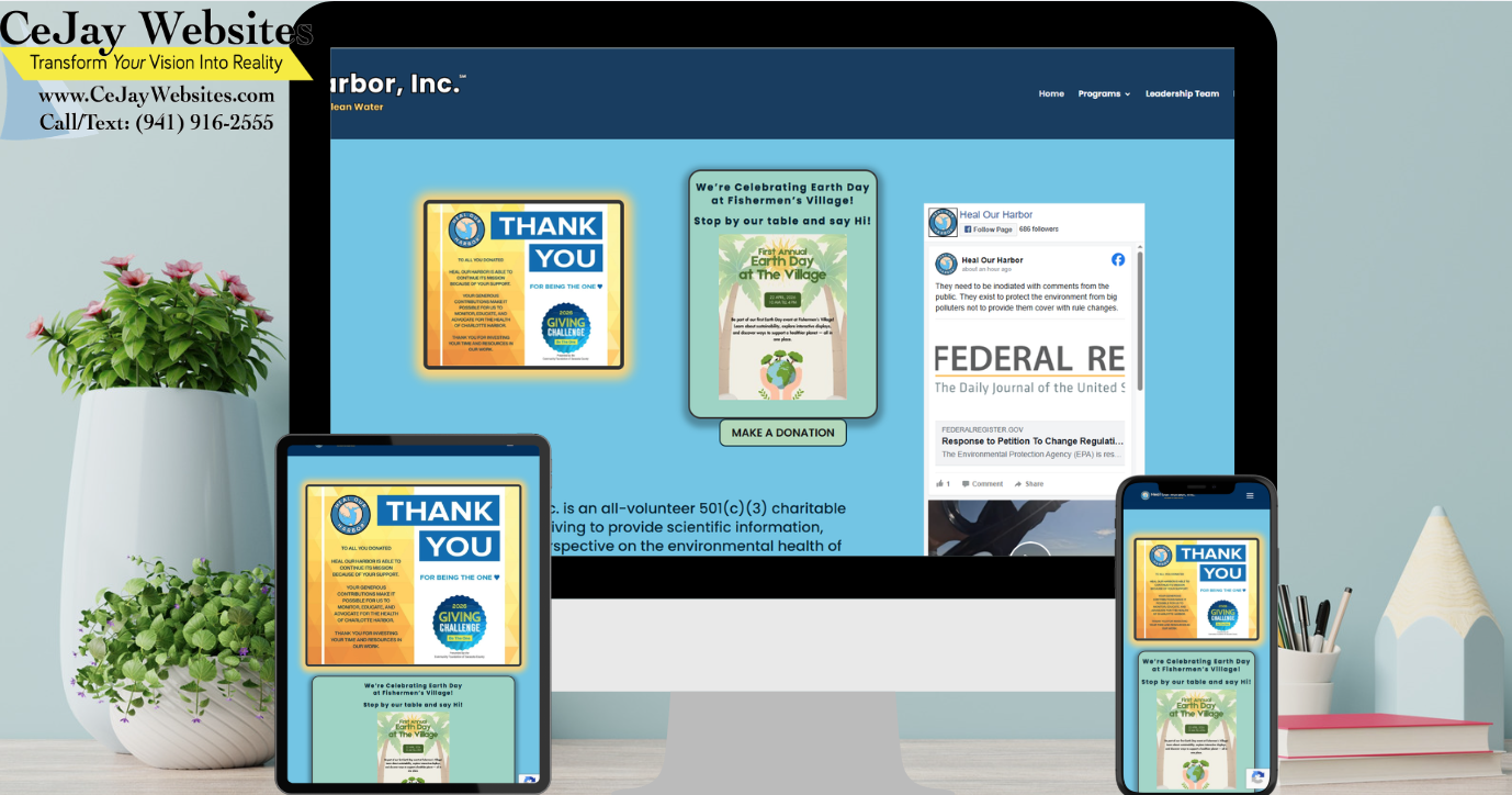 A desktop monitor, tablet, and phone display the same nonprofit website with a Thank You message, on a desk with plants. ;part of a website strategy, design & SEO system