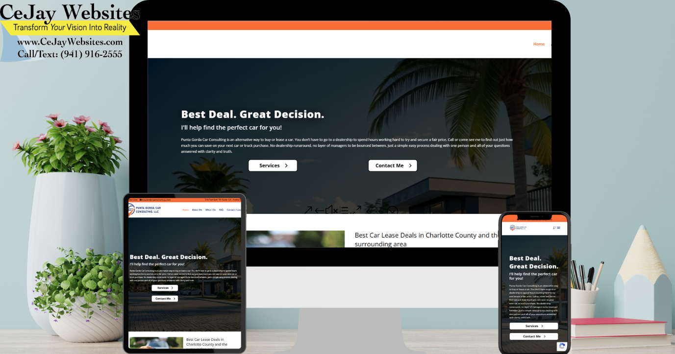 A desktop monitor, tablet, and smartphone display the same car lease website; office items sit on a desk in the background. ;part of a website strategy, design & SEO system