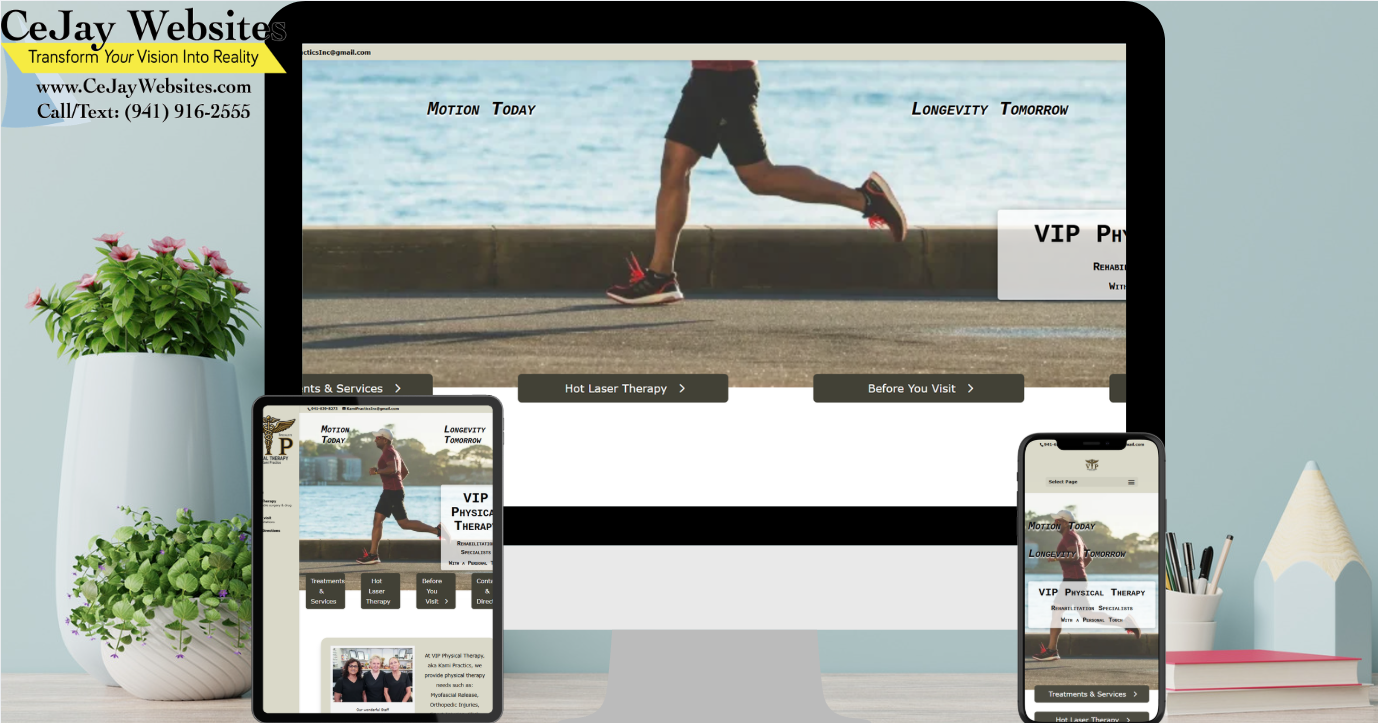 A desktop, tablet, and phone display the same website featuring a runner, with CeJay Websites branding in the top left corner. ;part of a website strategy, design & SEO system
