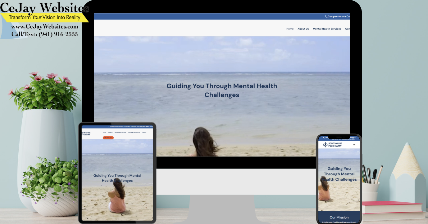 A mental health website is displayed on a desktop, tablet, and phone, with a beach scene and text: Guiding You Through Mental Health Challenges. ;part of a website strategy, design & SEO system