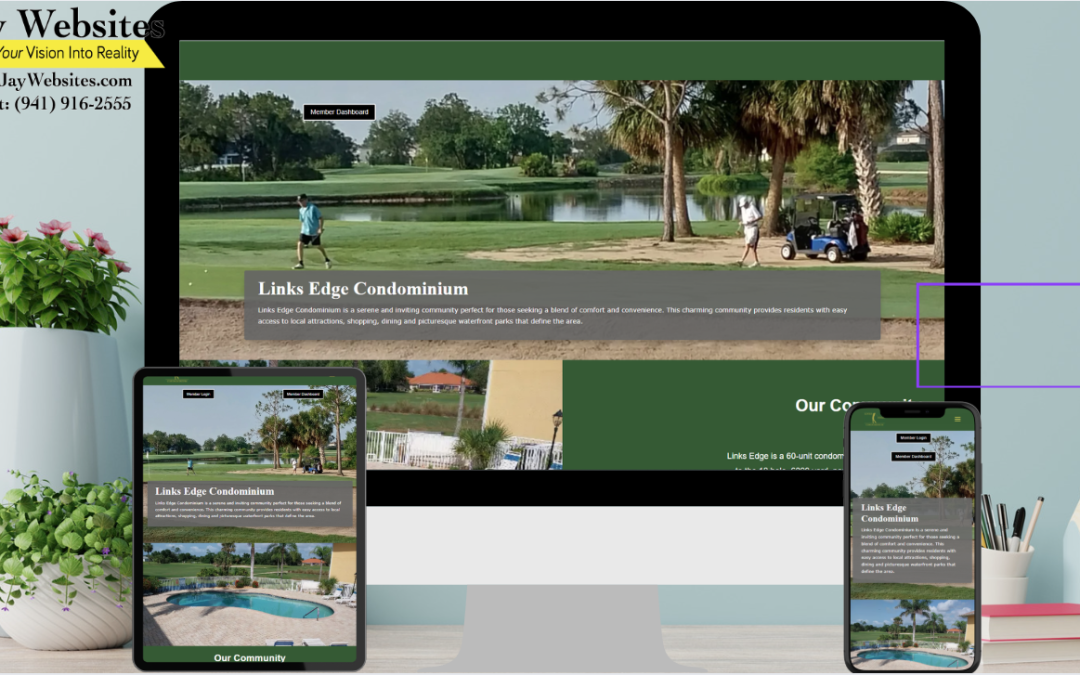 Website for Links Edge Condominium is displayed on a desktop, tablet, and phone, showing a golf course and palm trees in the background. ;part of a website strategy, design & SEO system