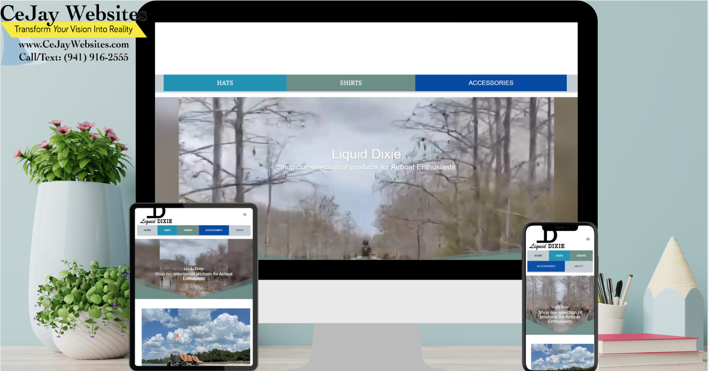 A desktop, tablet, and phone display a clothing website; office supplies and a plant sit on the desk. CeJay Websites logo appears at the top left. ;part of a website strategy, design & SEO system