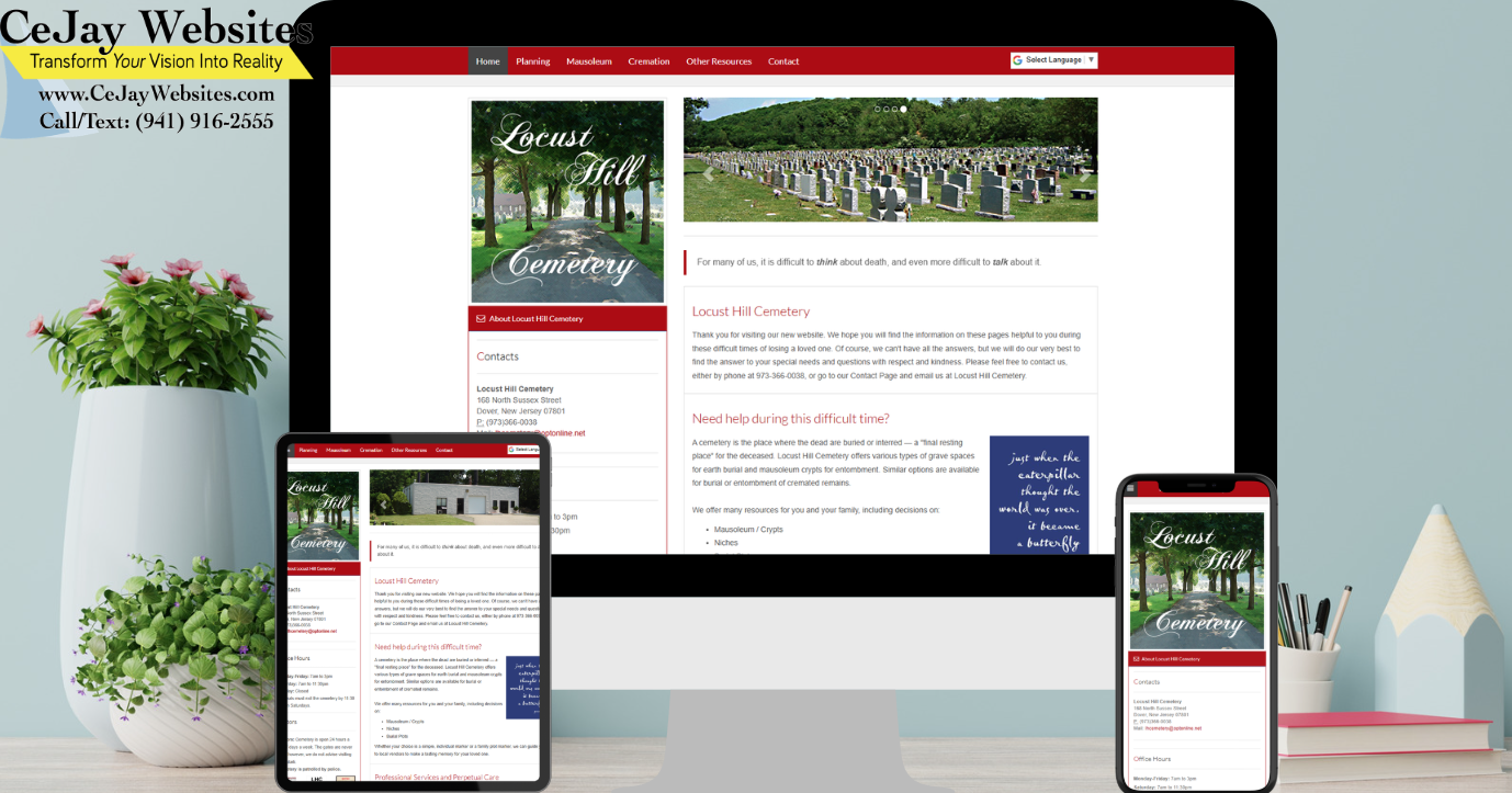 A desktop, tablet, and phone display a cemetery website; nearby are a plant, pens, and the CeJay Websites contact info in the upper left. ;part of a website strategy, design & SEO system