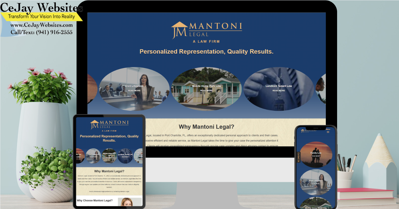 A website for Mantoni Legal is displayed on a desktop, tablet, and phone, showcasing legal services. A CeJay Websites note is at the top left. ;part of a website strategy, design & SEO system