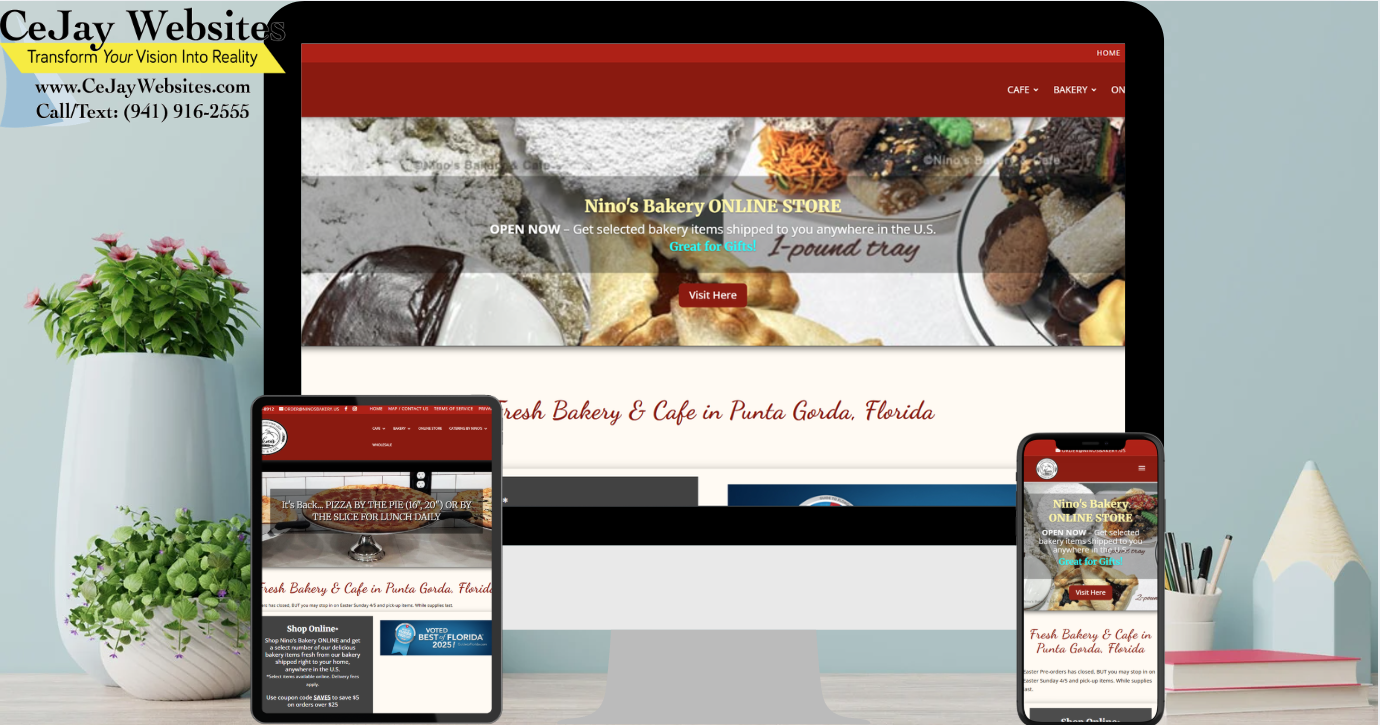 A desktop, tablet, and smartphone display a bakery website; a vase with flowers and books sit on the right side. ;part of a website strategy, design & SEO system