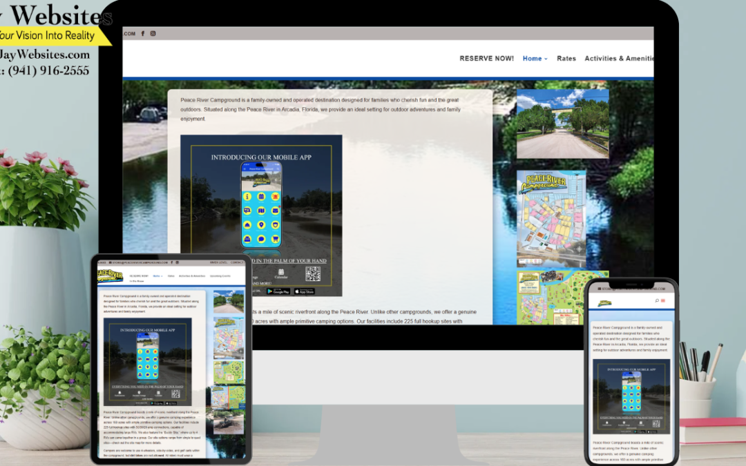 A desktop, tablet, and phone display the Peace River Campground website, with a plant, pen holder, and notepad on the desk. ;part of a website strategy, design & SEO system