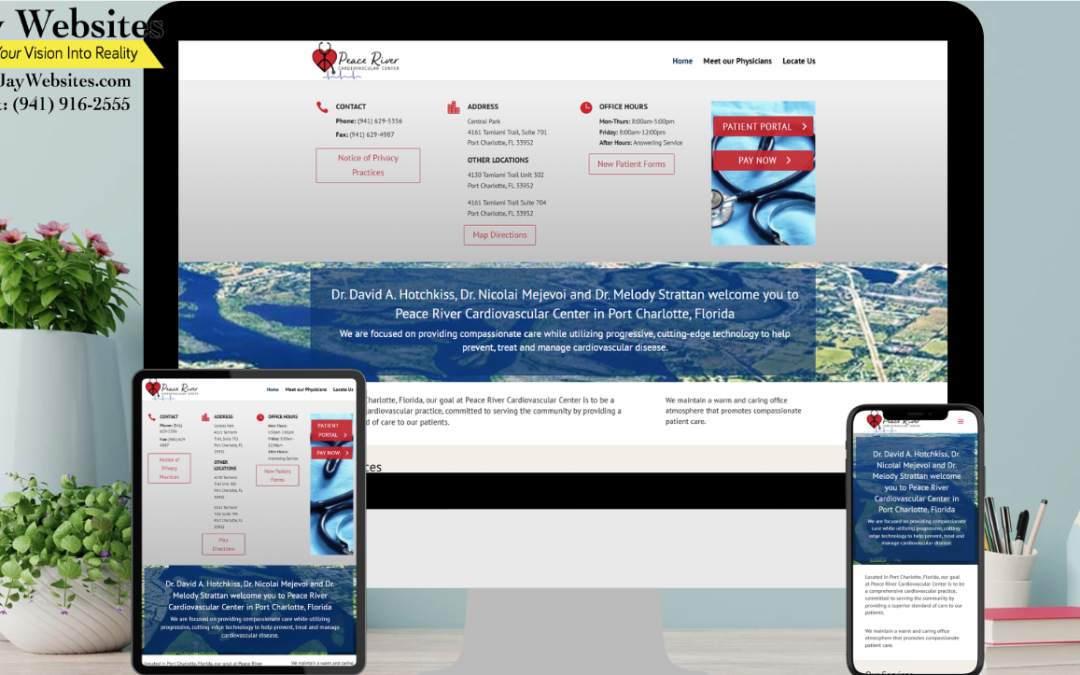 A desktop, tablet, and smartphone display the same cardiology website, showcasing its responsive design. CeJay Websites branding appears above. ;part of a website strategy, design & SEO system