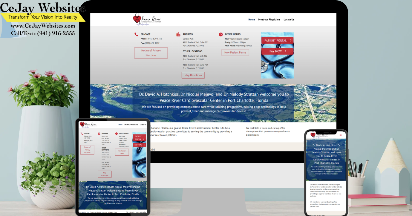 A desktop, tablet, and smartphone display the same cardiology website, showcasing its responsive design. CeJay Websites branding appears above. ;part of a website strategy, design & SEO system