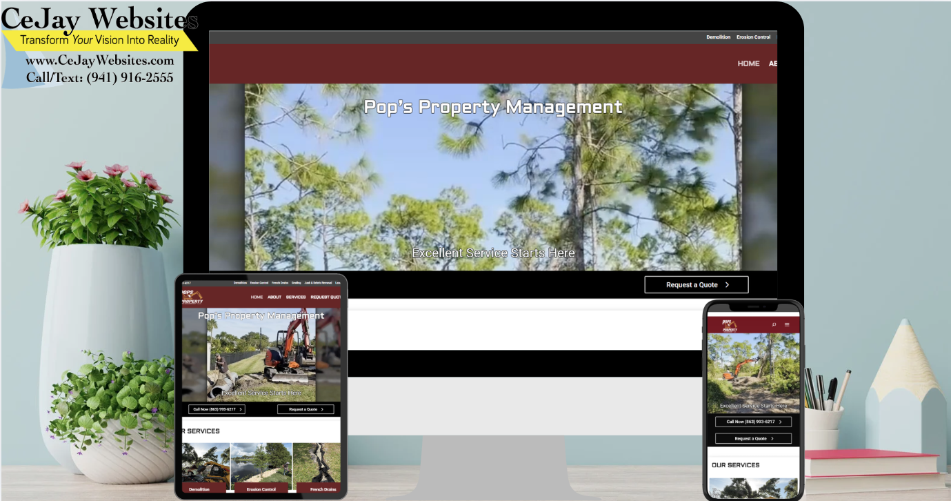 A desktop, tablet, and phone display a property management website; CeJay Websites’ contact info is shown in the top-left corner. ;part of a website strategy, design & SEO system