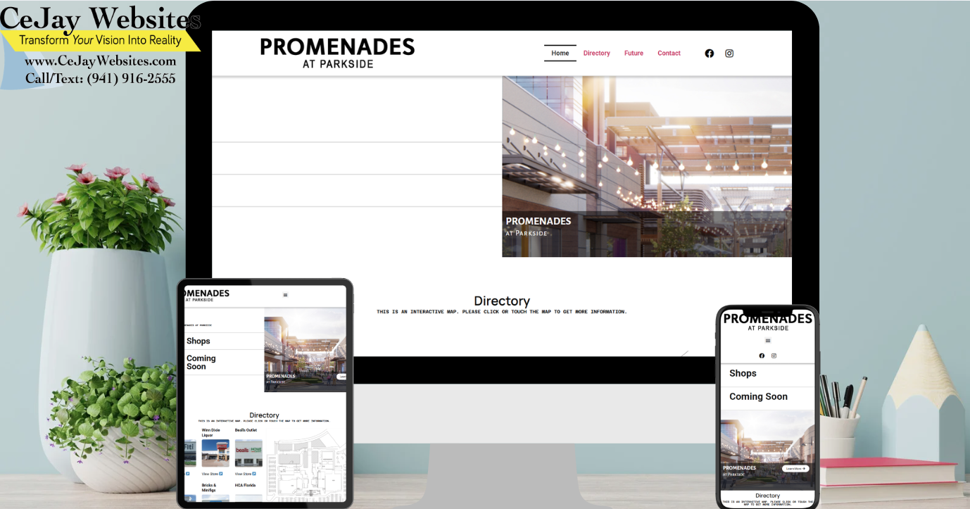 A computer, tablet, and phone display the Promenades at Parkside website; a business card is on the desk. ;part of a website strategy, design & SEO system