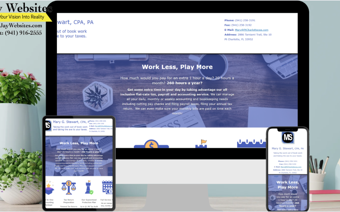 A desktop, tablet, and phone display the same CPA website. The background features a plant, pens, and a business card holder. ;part of a website strategy, design & SEO system