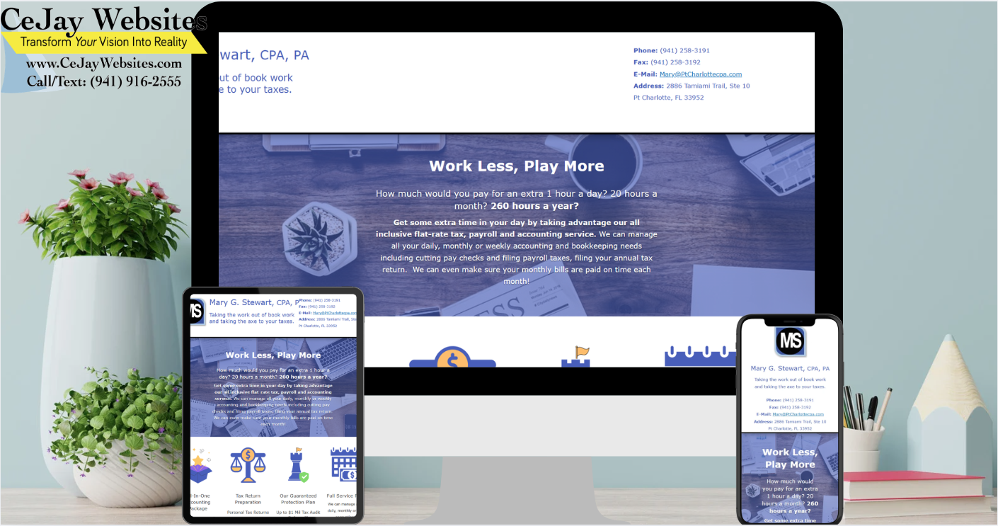A desktop, tablet, and phone display the same CPA website. The background features a plant, pens, and a business card holder. ;part of a website strategy, design & SEO system