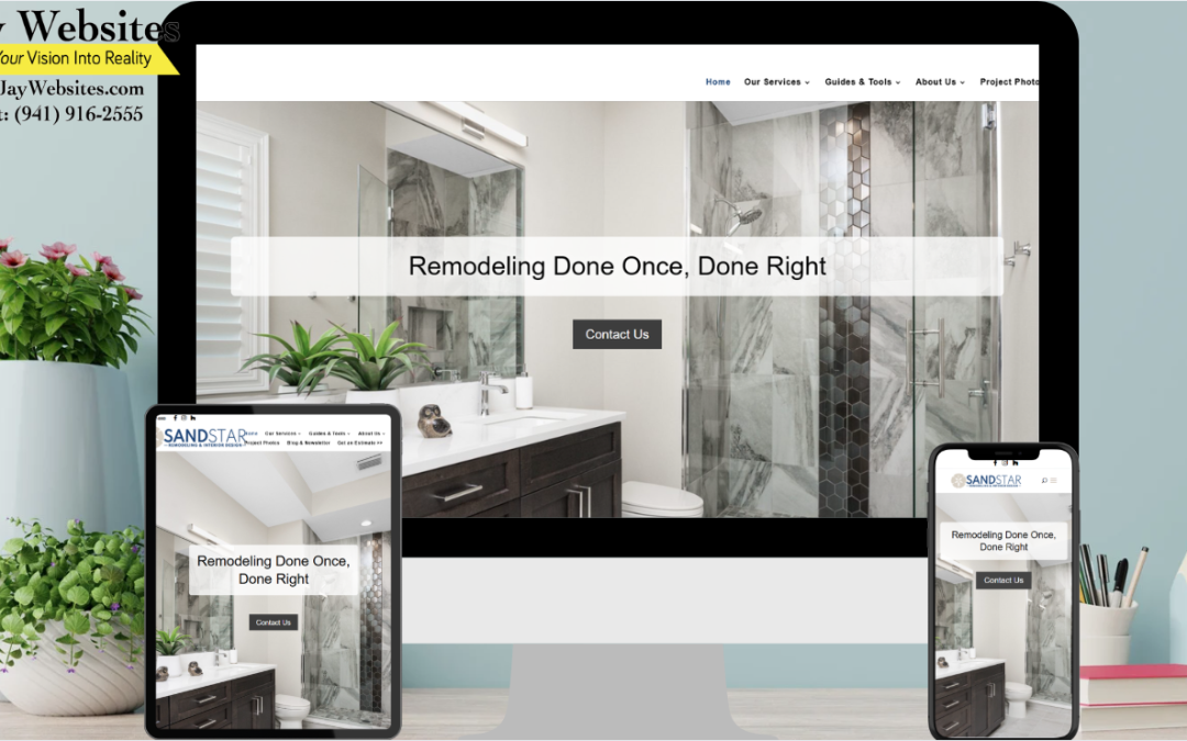 A desktop, tablet, and smartphone display a bathroom remodel website; CeJay Websites’ contact info appears in the top left corner. ;part of a website strategy, design & SEO system