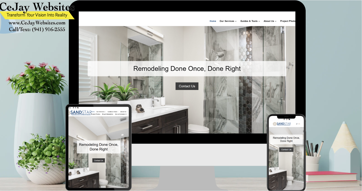 A desktop, tablet, and smartphone display a bathroom remodel website; CeJay Websites’ contact info appears in the top left corner. ;part of a website strategy, design & SEO system