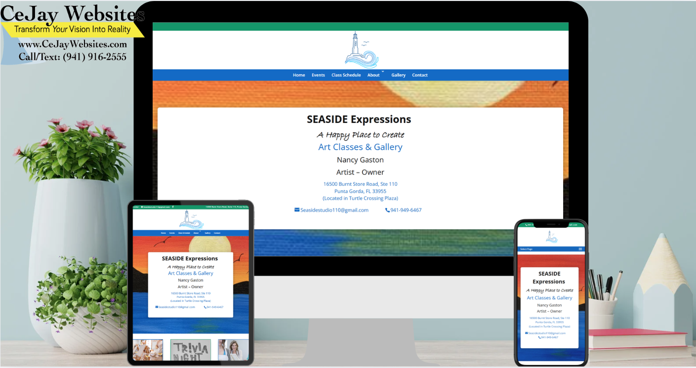 A website for SEASiDE Expressions is displayed on a desktop, tablet, and phone, with CeJay Websites contact info in the upper left corner. ;part of a website strategy, design & SEO system