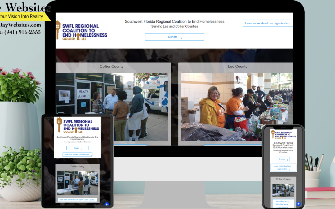 A website about ending homelessness is shown on a desktop, tablet, and mobile screen, displaying community event photos. ;part of a website strategy, design & SEO system