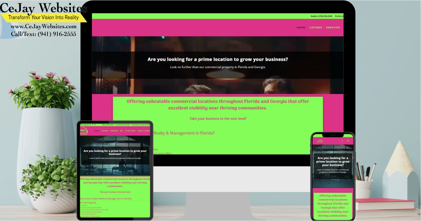 A desktop and two smartphones display a business website with bright green and pink sections on their screens. CeJay Websites branding is visible. ;part of a website strategy, design & SEO system