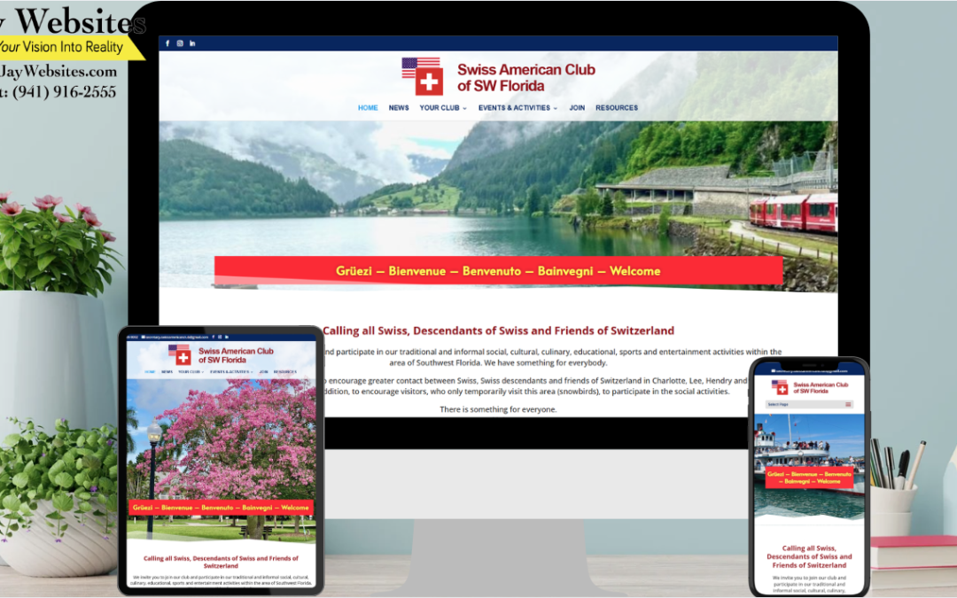 Swiss American Club of SW Florida website displayed on a desktop, tablet, and phone, with Swiss scenery and contact info for CeJay Websites. ;part of a website strategy, design & SEO system