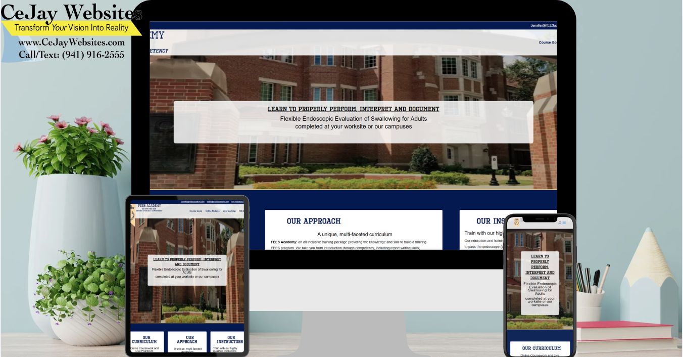 A responsive website is displayed on a desktop, laptop, tablet, and smartphone, with a CeJay Websites contact banner at the top left. ;part of a website strategy, design & SEO system