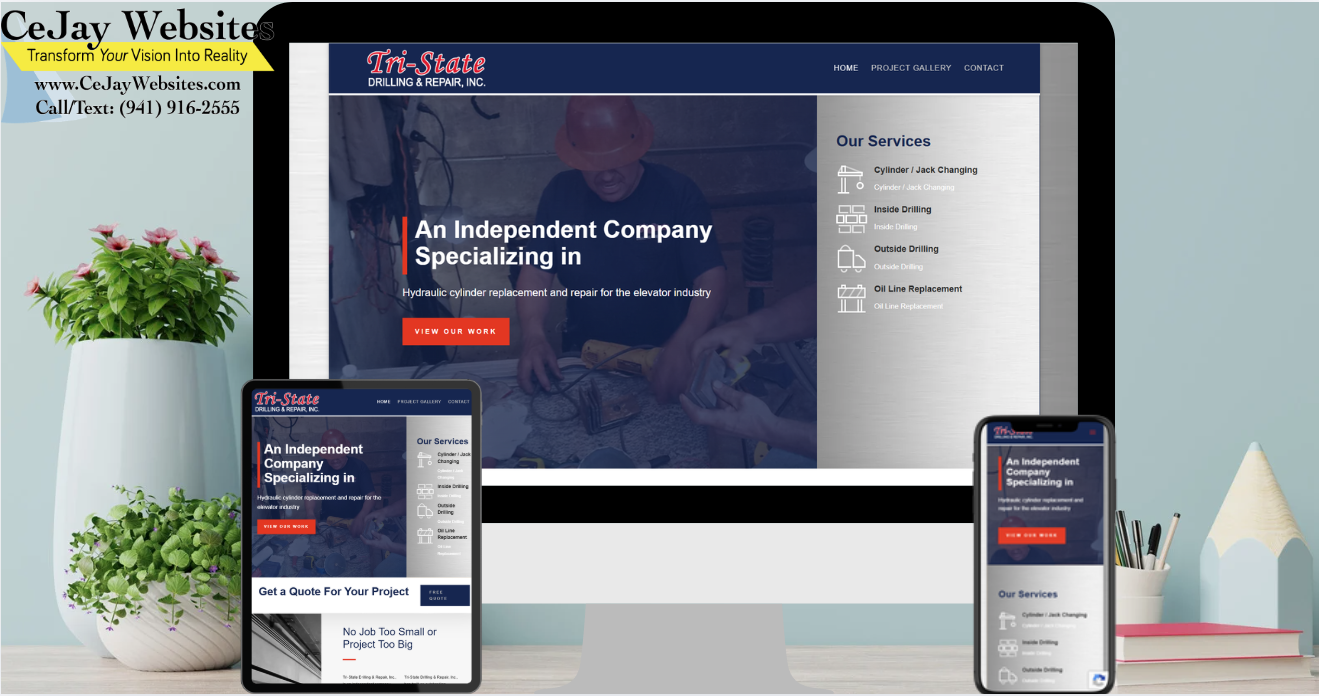A desktop and two mobile devices display a drilling company website; business contact details appear in the top left corner. ;part of a website strategy, design & SEO system